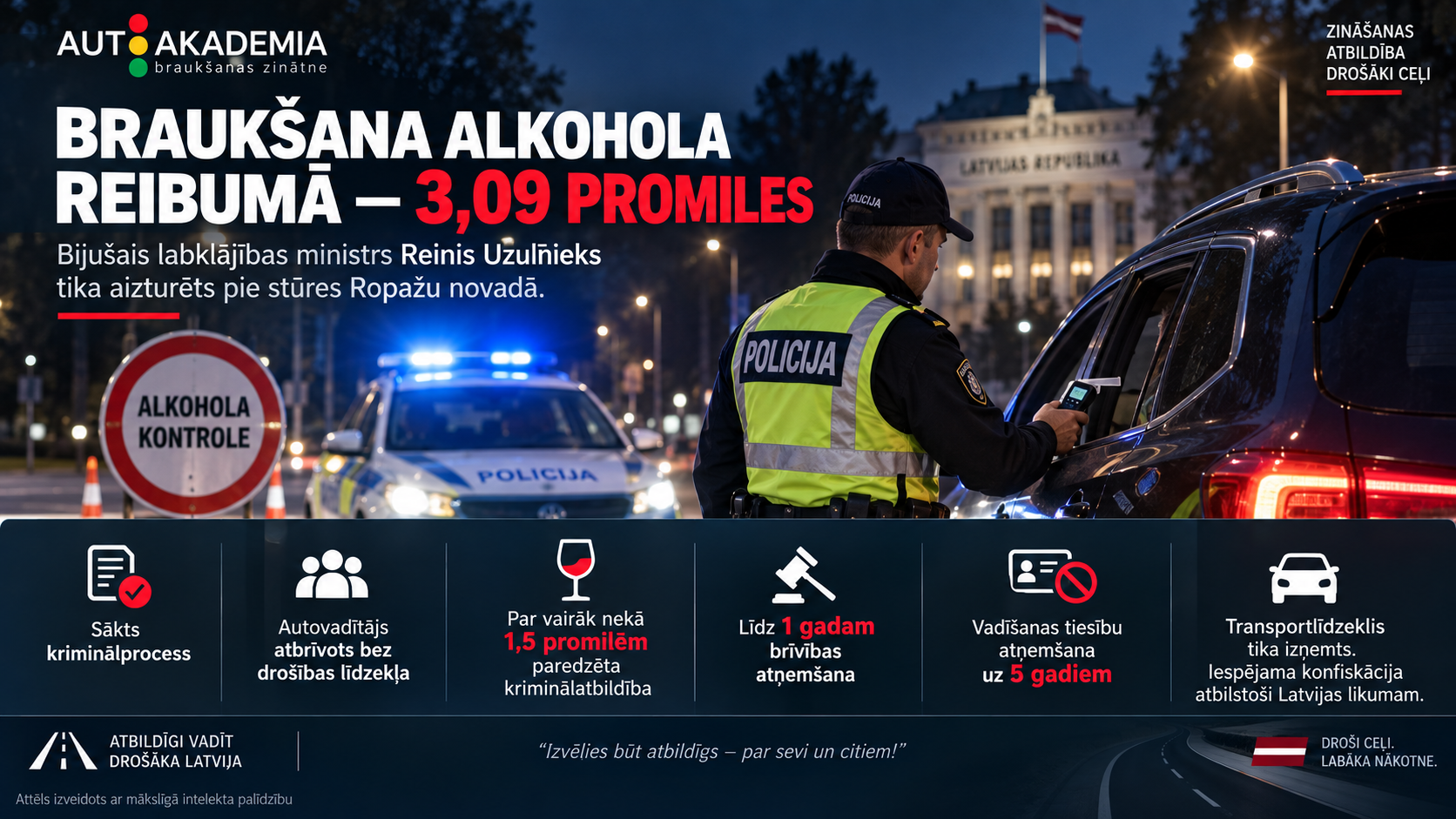 Skandāls ar bijušo ministru: alkohols pie stūres un tā sekas