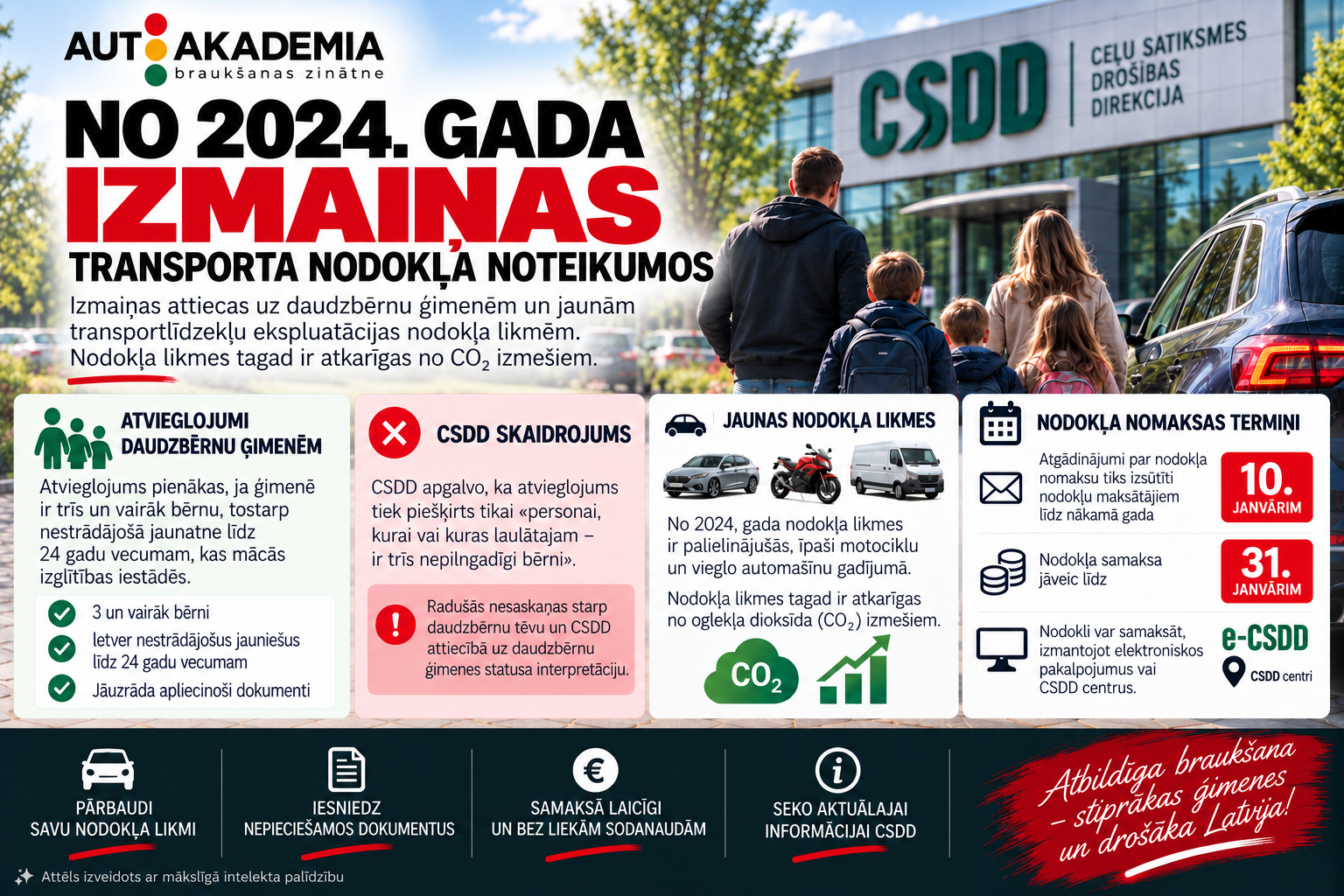 Izmaiņas transporta nodoklī: atvieglojumi daudzbērnu ģimenēm un jaunas likmes